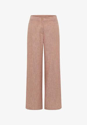 Pants made of light pink fabric with a textured finish. Features a flat waistband, side pockets, and a single button closure. Wide leg design.