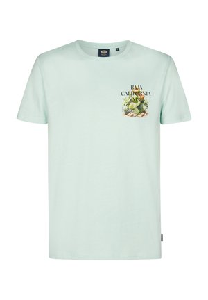 Light mint green cotton T-shirt with short sleeves. Features a printed design of cacti and text "BAJA CALIFORNIA" on the left chest.