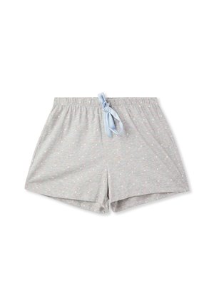 Shorts da pigiama grigi corti con un cordoncino azzurro chiaro, caratterizzati da un motivo a pois multicolore su un tessuto morbido e testurizzato.