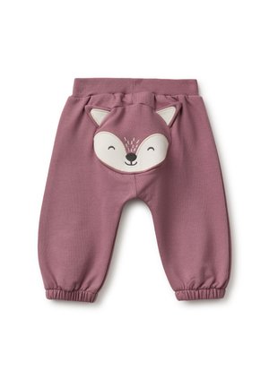 Pantaloni da bebè malva con polsini e vita elasticizzati, con una faccia di volpe sorridente e orecchie sul retro.