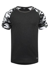 Men's T-shirt, dark gray body with black and white camo-pattern sleeves, crew neckline, short sleeves, smooth texture, regular fit.