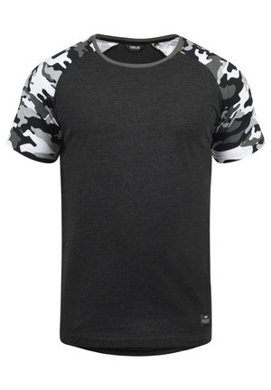 Men's T-shirt, dark gray body with black and white camo-pattern sleeves, crew neckline, short sleeves, smooth texture, regular fit.