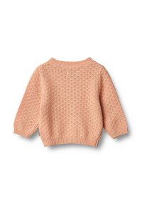 Světle růžový pletený svetr s texturovaným vzorem, kulatým výstřihem a žebrovanými manžetami. Zadní strana má jednobarevný design bez ozdob.