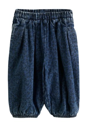 Blaue elastische Hosen mit Bund und Saum, einem dezenten Leopardenmuster und lockerem, gerafftem Schnitt.