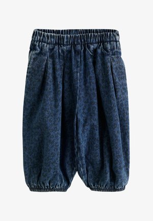 Blaue elastische Hosen mit Bund und Saum, einem dezenten Leopardenmuster und lockerem, gerafftem Schnitt.