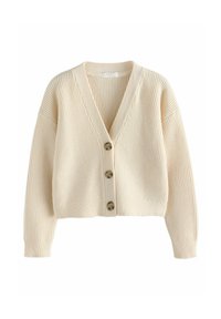Gilet côtelé crème avec un col en V, présentant quatre boutons marron sur le devant et des coutures d'épaule tombantes ; texture douce et coupe courte.
