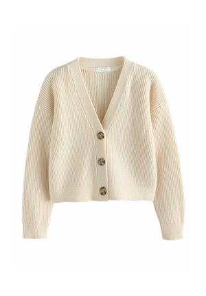 Cremefarbener gerippter Cardigan mit V-Ausschnitt, featuring vier braune Knöpfe vorne und abfallenden Schulternähten; weiche Textur und cropped Passform.