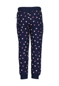 Marinefarbene Jogginghosen mit einem rosa Herzmuster, ausgestattet mit einem gerippten Bund und Bündchen. Hergestellt aus weichem Material für zusätzlichen Komfort.