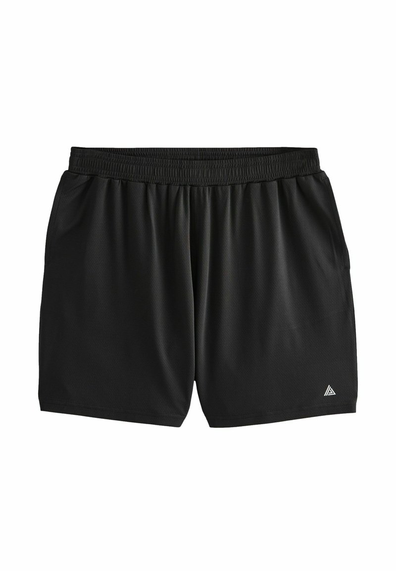 Shorts de sport noirs en tissu léger, avec une taille élastique, des poches latérales et un petit logo en forme de triangle en bas à droite.