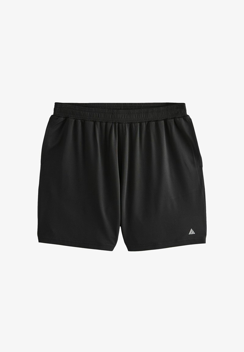 Schwarze Sportshorts aus leichtem Stoff, mit elastischem Bund, seitlichen Taschen und einem kleinen Dreieckslogo auf der unteren rechten Seite.