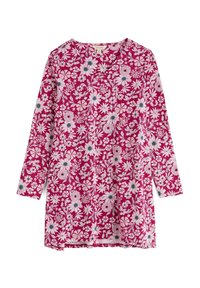 Długa sukienka z długim rękawem w kolorze magenta z kwiatowym wzorem. Posiada białe kwiaty z niebieskimi akcentami. Okrągły dekolt i boczne rozcięcia u dołu.