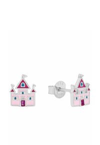 Orecchini a forma di castello rosa con dettagli argento, che presentano finestre Blu e una gemma viola all'ingresso. Decorati con bandiere.