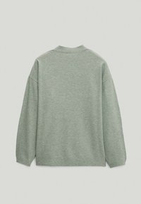 Light green, long-sleeve knit sweater with a high round neck and ribbed cuffs and hem, shown from the back on a plain background.