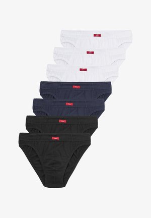 Set aus sieben klassischen Slips in Weiß, Marineblau und Schwarz. Mit elastischen Taillenbünden und einem kleinen roten Markenetikett an jedem Paar.