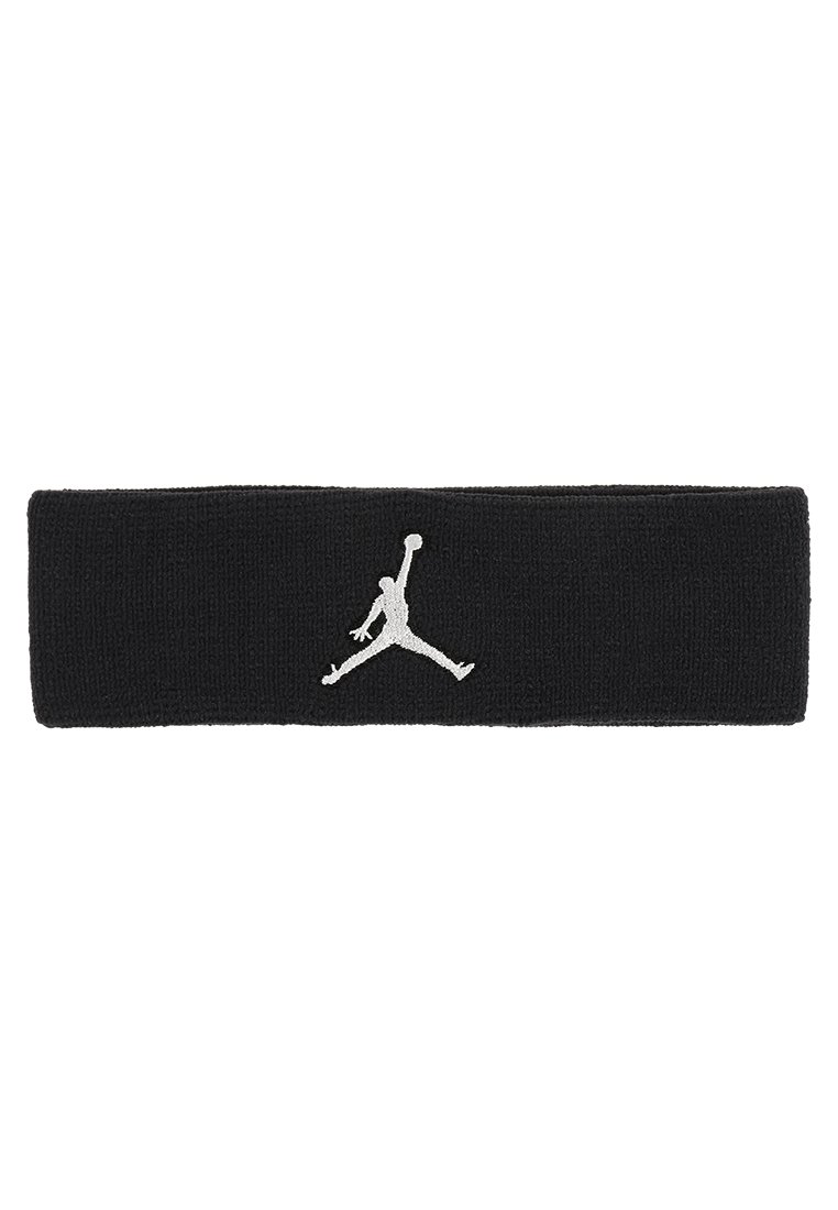 Svart stoffhodebånd med teksturert overflate, med en hvit brodert Jumpman-logo i midten.
