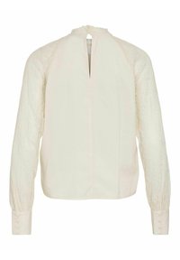 Blusa de manga larga en color crema con detalles de encaje en los hombros, abertura en la espalda y puños con botones. Tejido suave con acentos texturizados.
