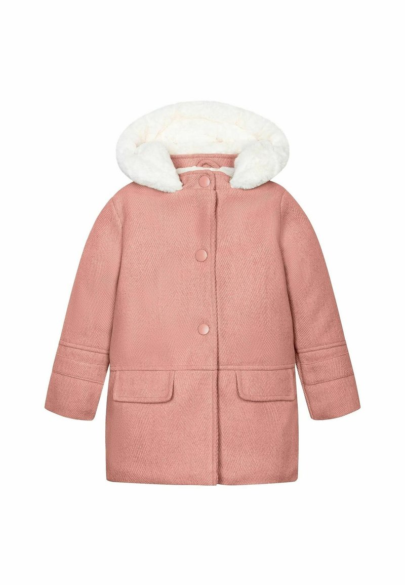 Manteau d'hiver rose pour enfants avec capuche doublée en polaire blanche, boutons-pressions à l'avant et deux poches à rabat sur le devant.