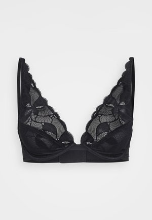Black lace bra with floral patterns, underwire cups, and adjustable thin shoulder straps on a white background.