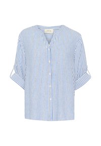 Chemisier rayé en bleu et blanc, manches courtes avec des poignets roulés, décolleté en V, fermeture à boutons, fabriqué dans un tissu léger, coupe décontractée.