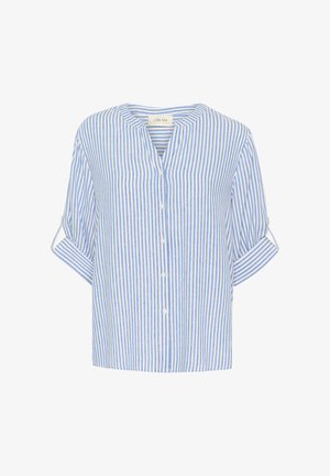 Dryžuota palaidinė mėlynos ir baltos spalvų, trumpomis rankovėmis su atsuktiniais, V formos iškirpte, užsegama mygtukais, pagaminta iš lengvos medžiagos, laisvas siluetas.