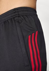 Shorts de sport noirs avec une taille élastique, dotés de trois rayures rouges parallèles sur le côté et faits d'un tissu lisse et léger.