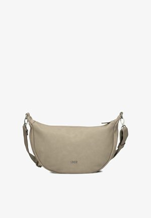 Beige, halbmondförmige Leder-Schultertasche mit verstellbarem Riemen und silbernem Reißverschluss, mit kleinem "zwei"-Logo in der Mitte auf der Vorderseite.