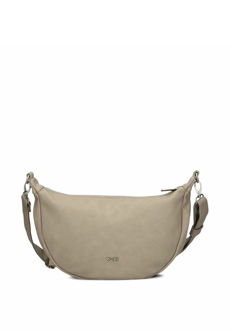 Beige, halbmondförmige Leder-Schultertasche mit verstellbarem Riemen und silbernem Reißverschluss, mit kleinem "zwei"-Logo in der Mitte auf der Vorderseite.
