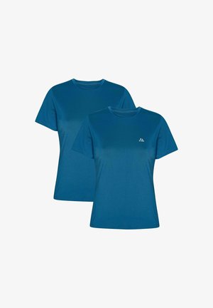 To kortærmede t-shirts i dybblå stof. Har en rund halsudskæring og et lille logo i det øverste venstre hjørne. Glat tekstur.