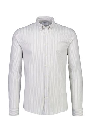 Weißes Hemd mit dezenten grauen Streifen, langen Ärmeln, Knopfkragen und geradem Saum. Hergestellt aus einem glatten Stoff.