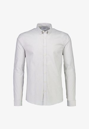 Witte overhemd met subtiele grijze strepen, lange mouwen, een boord met knopen en een rechte zoom. Gemaakt van een gladde stof.