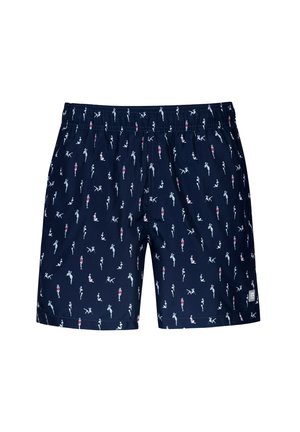 Short de bain bleu marine avec taille élastique et motif de petites silhouettes de nageurs blanches et rouges dispersées sur le tissu.