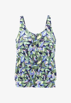 Varrukateta top valgel taustal, millel on roheline, sinine ja roosa troopiliste lehtede muster ning kurrutatud alumine serv.