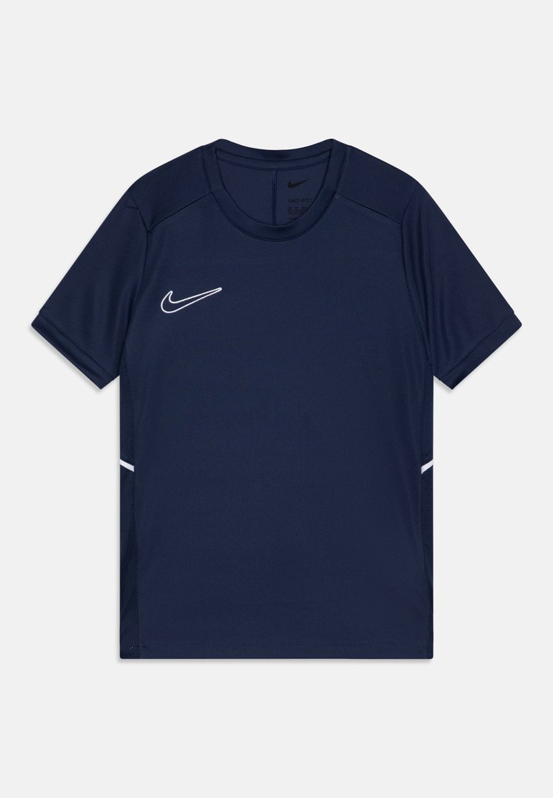 Námornícky modré tričko s krátkym rukávom značky Nike na športovanie, s okrúhlym výstrihom, bielym logom na ľavej hornej strane a bielymi akcentmi po stranách.