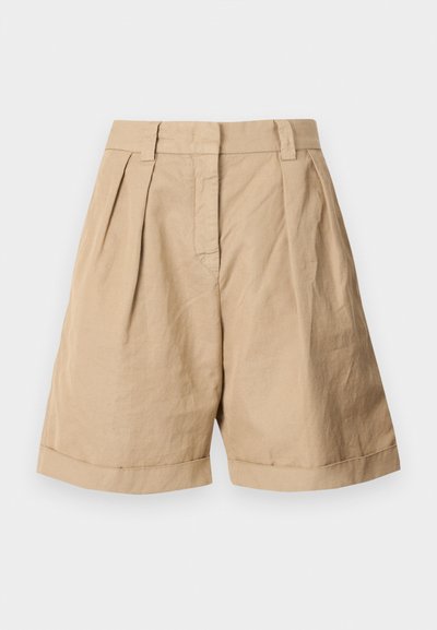 Pantaloni pantaloni beige in lino con vita alta, due pieghe frontali e polsini arrotolati. Tessuto morbido con un design sartoriale.