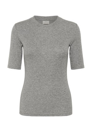 Tricou scurt, gri, cu mâneci scurte, realizat dintr-un material ribbed. Guler rotund, formă ajustată, design minimalist, cu o textură subtilă pe întreaga suprafață. Fără logo-uri vizibile.