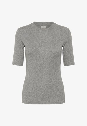 Grijze T-shirt met korte mouwen van ribbelstof. Ronde hals, getailleerde pasvorm, minimalistisch ontwerp, met een subtiele textuur over het geheel. Geen zichtbare logo's.