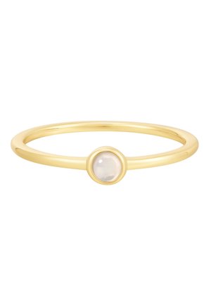 Goldfarbener Metallring mit einem glatten Band und einer runden, klaren Steinfassung in der Mitte. Schlichtes Design, polierte Oberfläche und elegante Optik.