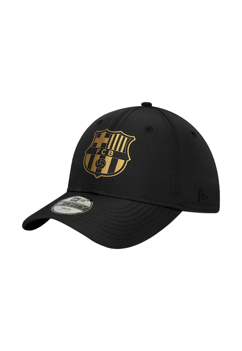Schwarze Baseballkappe mit goldfarbenem FC Barcelona-Logo. Sie besteht aus glattem Stoff, hat ein gebogenes Visier und Ösen für Luftzirkulation.