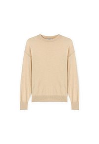 Maglione beige realizzato in tessuto morbido, con scollo rotondo, maniche lunghe e polsini e orlo a coste. Design semplice, senza motivi o accenti.
