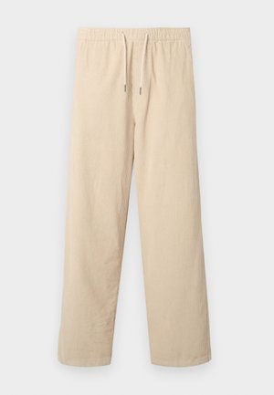 Beige corduroy broek met een elastische tailleband en een trekkoord, met wijde benen en een verticale ribstructuur.
