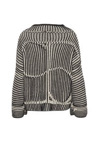 Strickjacke in Schwarz und Creme, mit vertikalen Streifen, lockerer Passform und zwei großen Taschen auf der Rückseite sowie einer Kapuze.