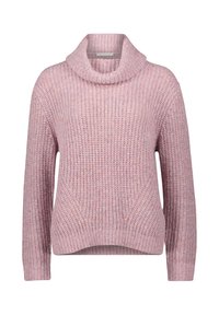 Hellrosa gestrickter Pullover mit einem Schalkragen, gerippter Struktur und taillierten Ärmeln. Bietet eine lockere Passform und einen leicht abfallenden Saum.