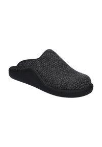 Dark grey slip-on slipper with a textured woven upper, black rubber sole, and smooth edges, designed for comfort and ease of wear.