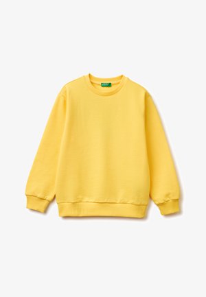 Felpa gialla a maniche lunghe con scollo rotondo, polsini e orlo a coste, distesa su uno sfondo bianco.