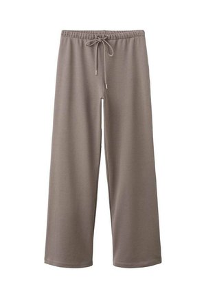 Pantalon à jambes larges en tissu taupe doux, doté d'une taille élastique avec un cordon de serrage et d'une texture lisse.