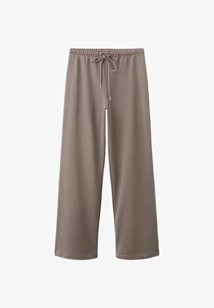 Pantalon à jambes larges en tissu taupe doux, doté d'une taille élastique avec un cordon de serrage et d'une texture lisse.