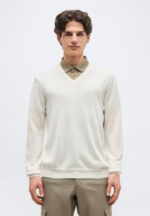 Νεαρός άνδρας με σκούρα κυματιστά μαλλιά που φοράει ένα ανοιχτό μπεζ πουλόβερ με λαιμόκοψη V πάνω από ένα πουκάμισο σε ελιά χρώμα και χακί παντελόνι, κοιτάζοντας μπροστά.