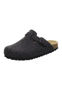 Gray felt clog with a rounded toe, side buckle closure, and a cork footbed. Textured upper with a black rubber outsole.
