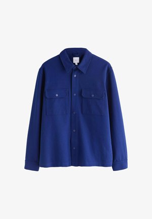 Marineblaue Hemdjacke aus weichem Stoff, mit zwei Brusttaschen, einem klassischen Kragen und langen Ärmeln.