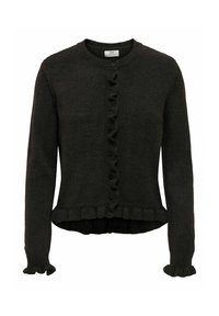 Cardigan gris foncé en tissu tricoté, avec un col rond, un détail froncé à l'avant et des poignets froncés avec fermeture à bouton.